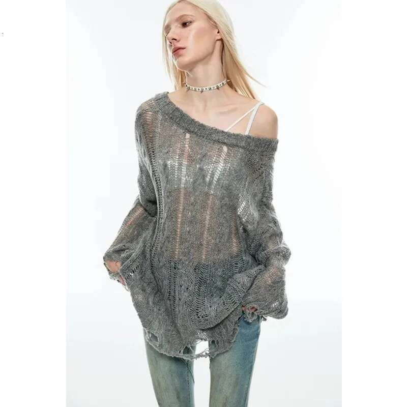 Hole Hollow Out Y2K T-shirts Batwing Sleeve Knitted Shirt For Women Loose Streetwear Tops Spring Autumn 2024