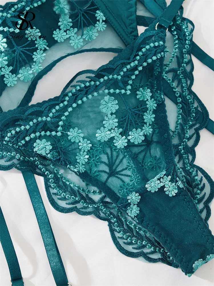 SINGREINY Embroidery Mesh Sexy Lingerie Suits Women Garter Transparent 4 Pieces Sets Ladies Floral Underwear Shapewear SetsXJ250301