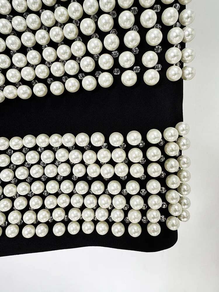 Spring 2025 New Shrug Shoulder Decoration With White Dot Slim Suit Handmade Pearl Nail Bead Mini Skirt Jacket For Women