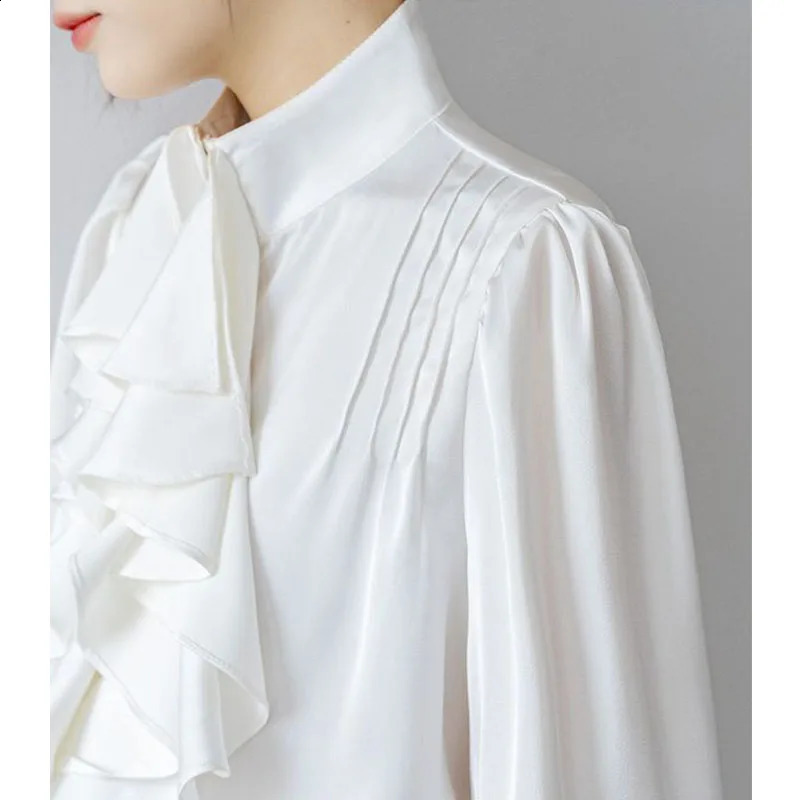 Solid Color Ruffles Long Sleeve Shirts Women Spring Vintage Elegant Patchwork Stand Collar Flare Sleeve Pleated Sweet Blouse 250225