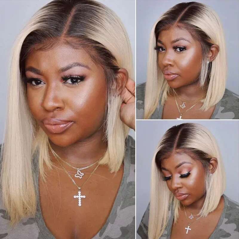 Ash Blonde Gradient Straight Short Bob Minimalist Glueless HD Lace Closure Human Hair Wig Side Parted For Party Cosplay