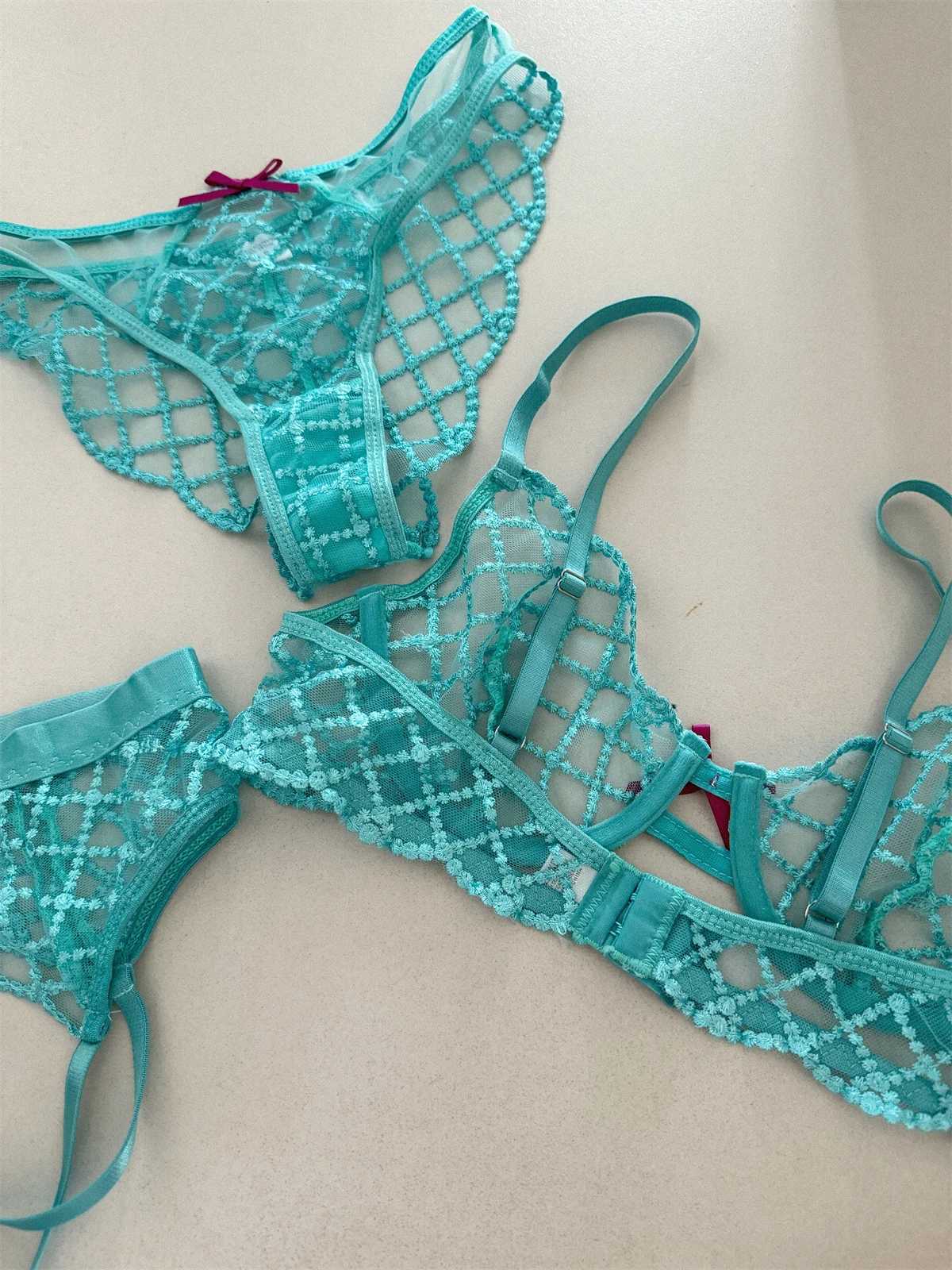 Mermaid blue three-piece lingerie set of thin large breast underwear sexy lace bra breathable romantic bra with underpants suitXJ250301