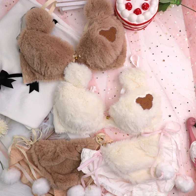 2Pcs Womens Lolita Kawaii Bra Panty Set Cute Bear Embroidery Fluffy Faux Fur Underwire Underwear Plush Ball Bow Japanese Anime LXJ250301