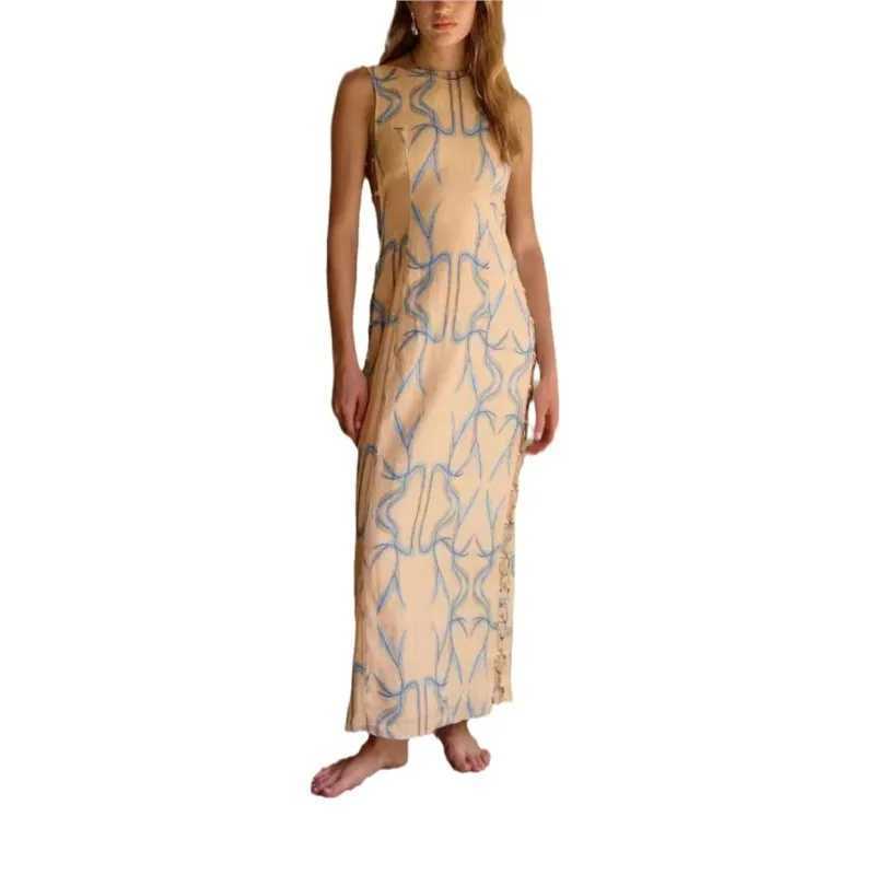 Basic Casual Dresses Elegant womens printed cotton linen sleeveless sexy decorative iron ring dress summer fashion round neck casual long skirt J25030