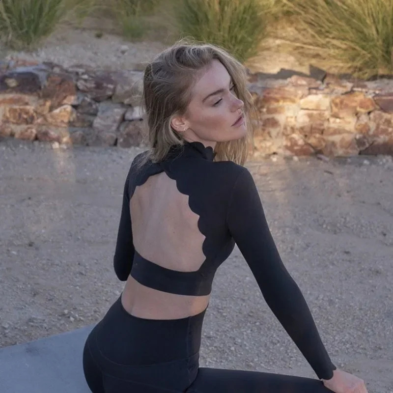 Set Long Sleeved Backless Sexy Fitness Running Womens Sports Top High Waisted Lifting Buttocks Tight Pants European Size 250226