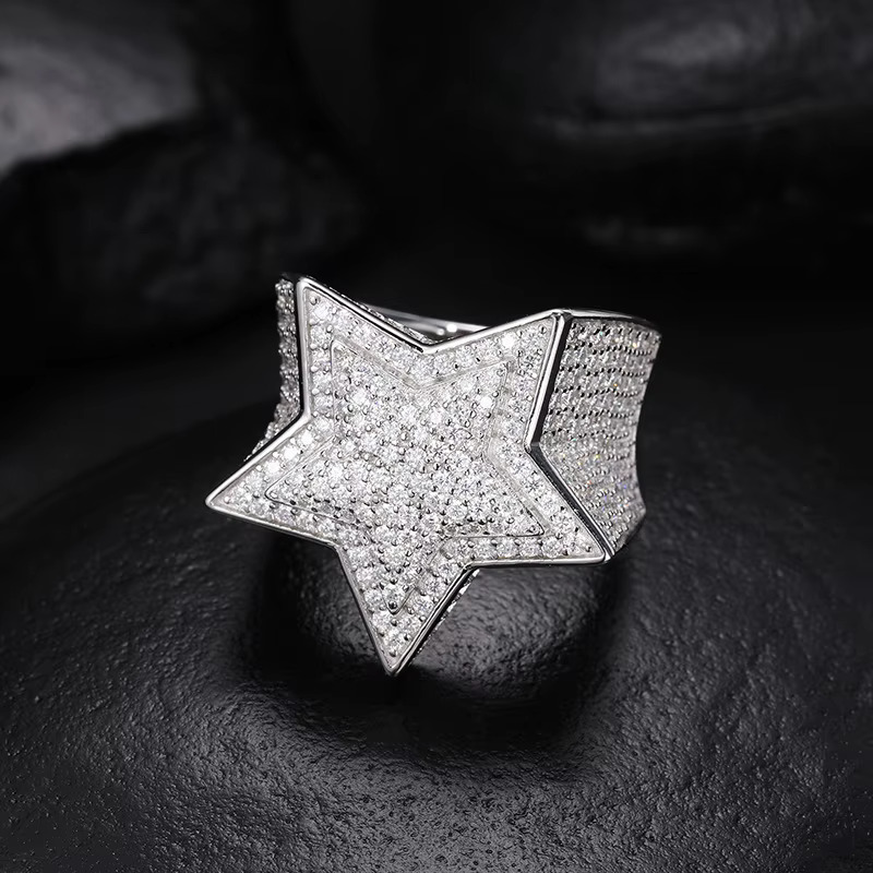 Hip Hop Fashion 3D Star VVS D Moissanite Ring Sparkling 925 Sterling Silver Ring Jewelry for Wedding Party Gift Engagement