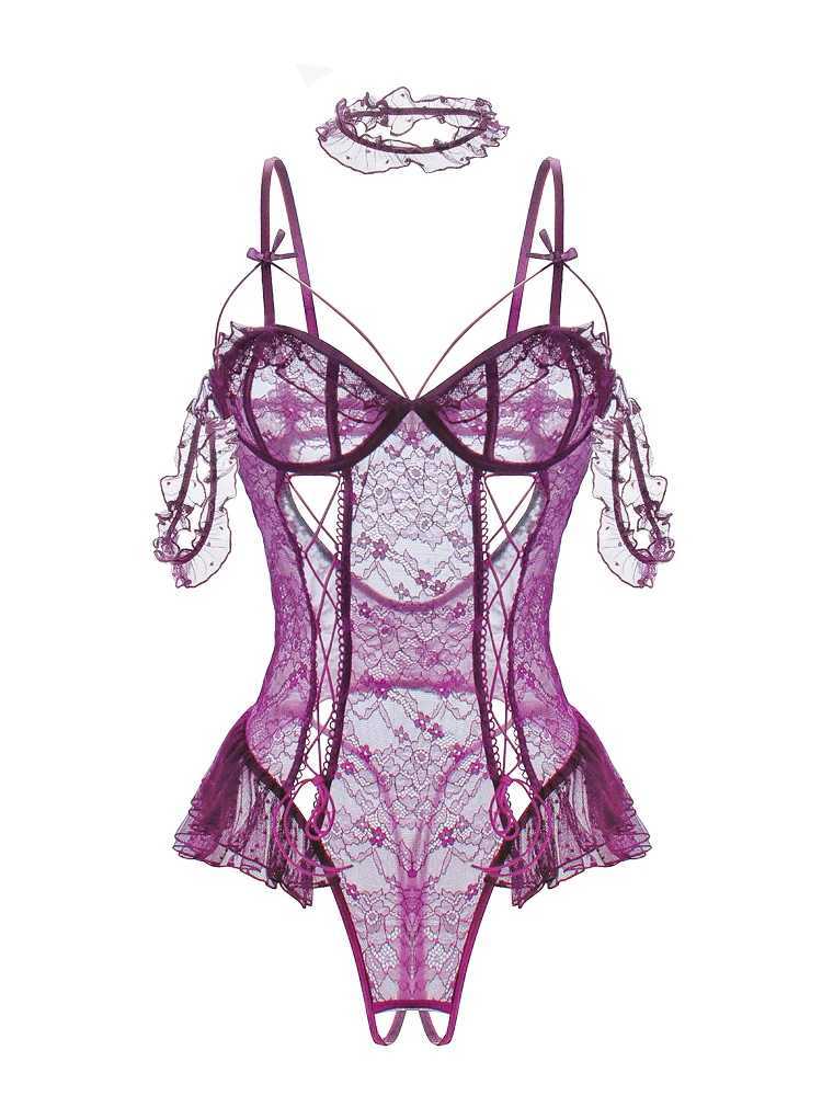 Purple Lace Sexy Lingerie Set Corset Bra Set One Size Women Bodysuit Hollow Out Ladies UnderwearXJ250301