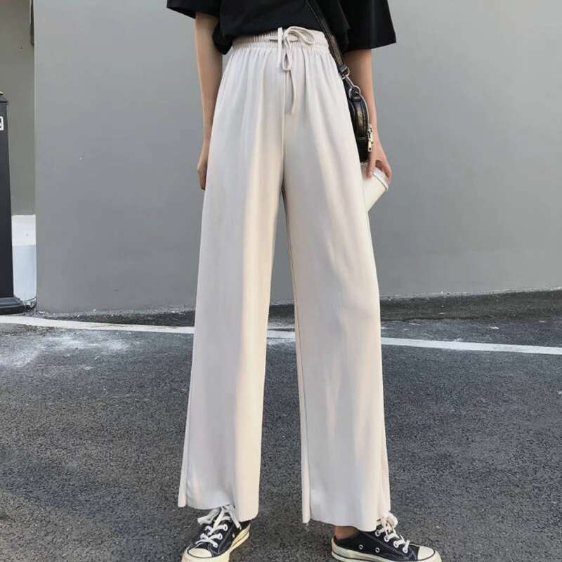 Slacks Women's Loose Summer Soft Ice Silk Ankle-Length Black Wide Leg Pants Grey Khaki Women High Waisted Trousers 2024