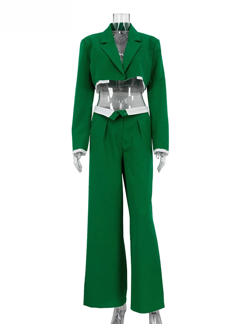 Sexy Loose Green 2 Piece Sets Women Outfit Fashion Long Sleeve Crop Shirt With Low Waist Wide Leg Pants Set Streetwear