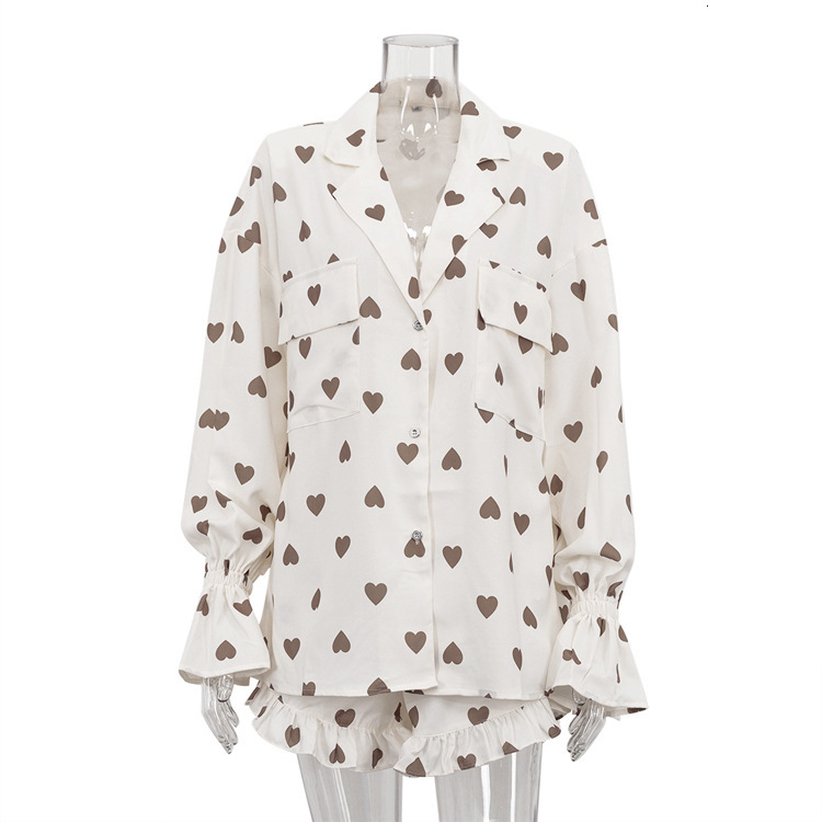 New4 Autumn Long Sleeved Heart-Shaped Printed Shirt Shorts Two-Piece Set Fashionable Loose Women's Suit