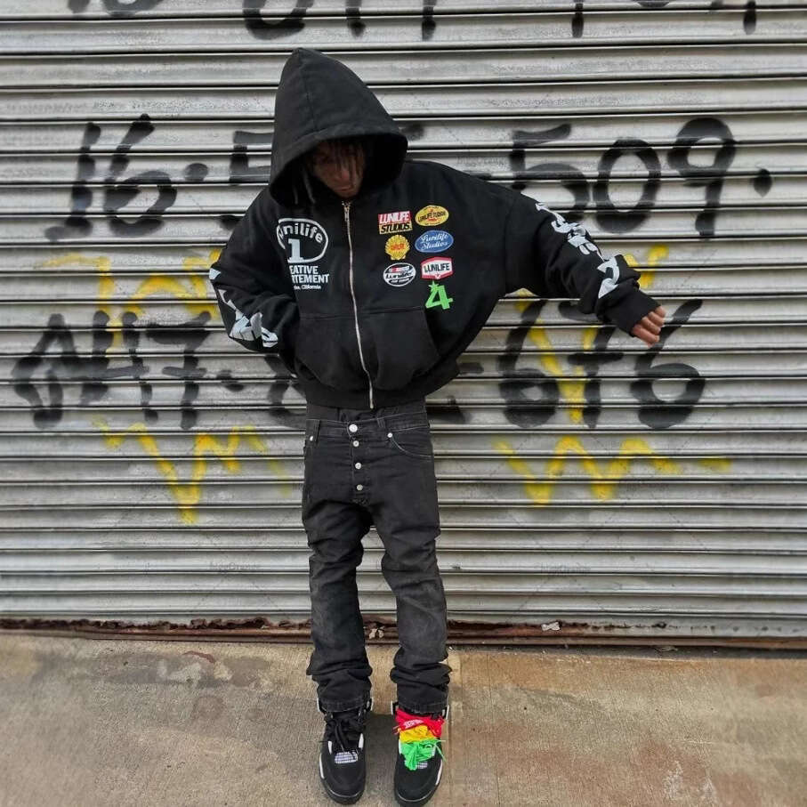 Fashion High Street unisex hooded cardigan sweatshirt, trendy printed letter top gift for man