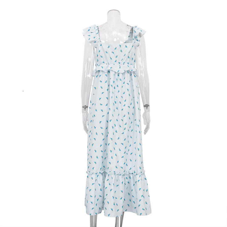Women's New3 Summer New Ruffle Print Casual Fashion V-Neck Open Back Long Dress