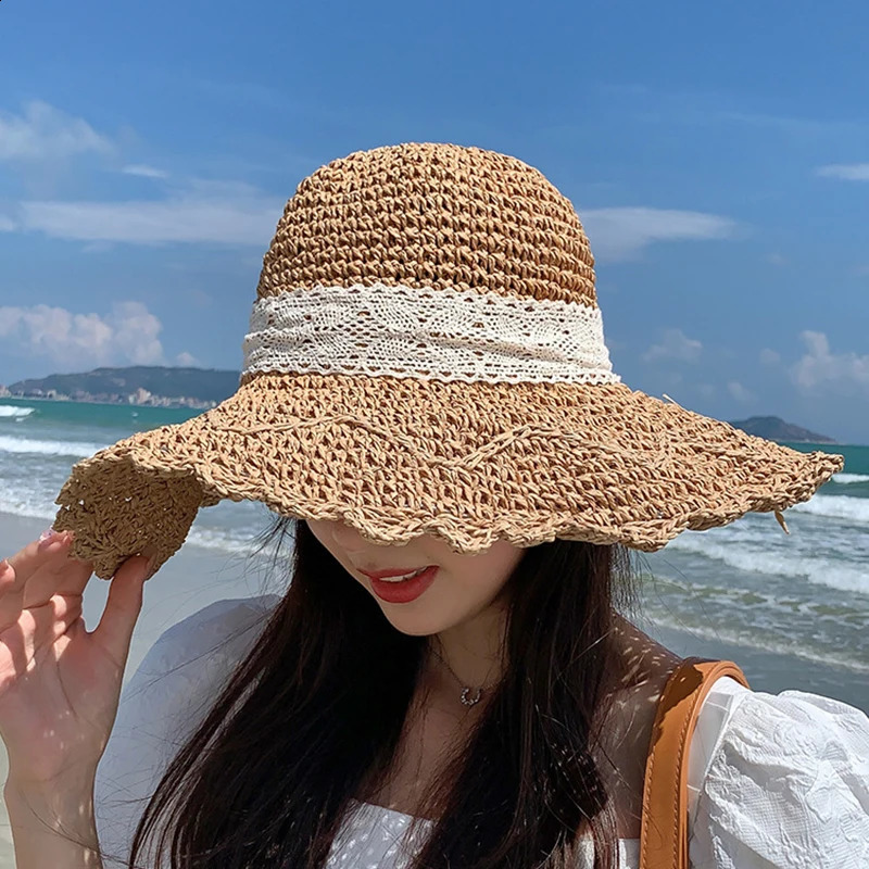 Women Lace Sun Hats For Wide Brim Straw Beach Cap Summer Visors Hat Foldable Sun Hat Fashion Straw Hat Female UV Protection Cap 250227