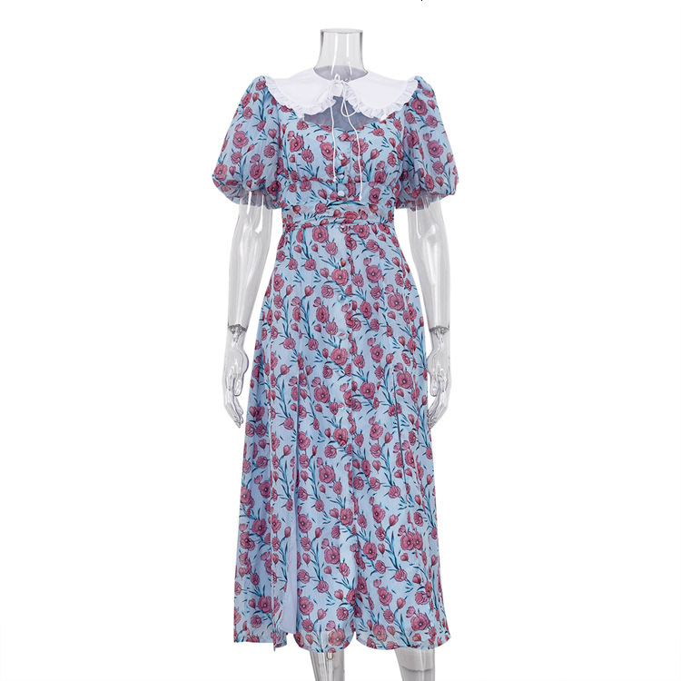 Women's New3 Summer New Sexy Hollow Out Print Doll Neck Short Sleeve Split Long Dress