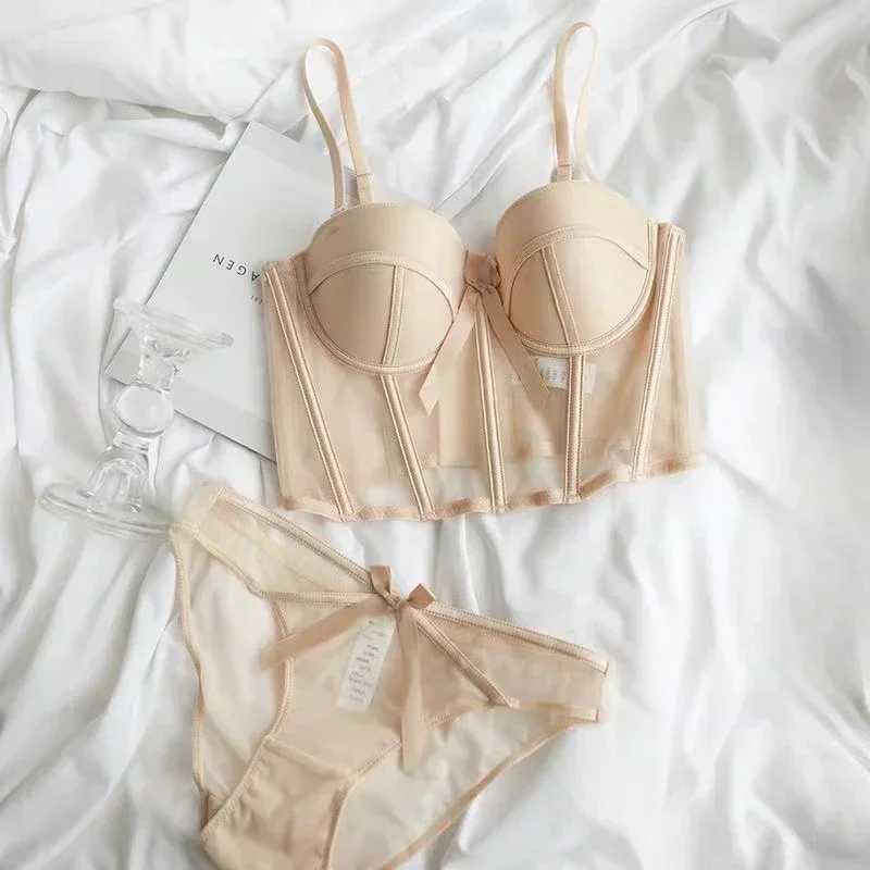 Lace Bra Sexy Mesh Underwear Women Hollow Out Shape Half Cup Soft Bralette Anti-sag Push Up Bow Thicken Women Underwear SetXJ250301