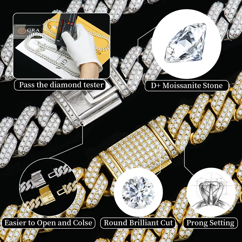 Stocks Fine Jewelry Moissanite Necklace 925 Sterling Silver 12mm Width White Color Moissanite Cuban Link Chain Hip Hop Jewelry