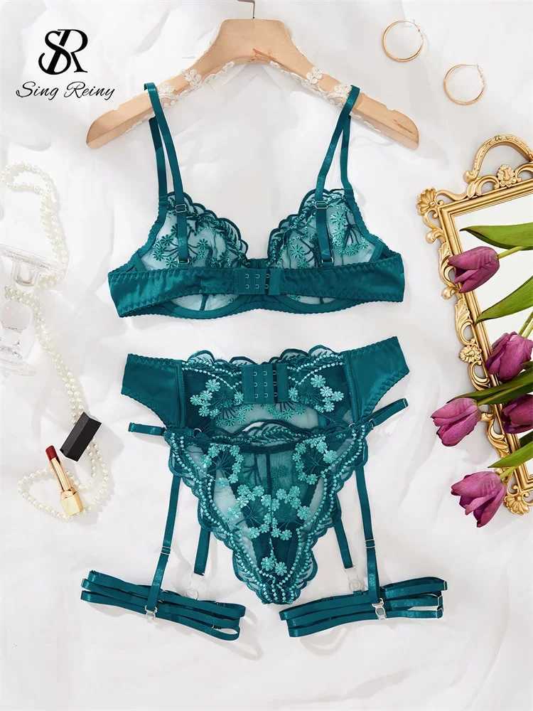 SINGREINY Embroidery Mesh Sexy Lingerie Suits Women Garter Transparent 4 Pieces Sets Ladies Floral Underwear Shapewear SetsXJ250301