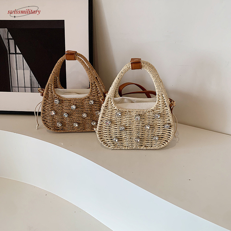 Summer woven 2025 new forest sweet girl single shoulder ins fashionable rhinestone hand-held crossbody beach bag