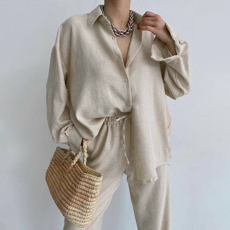 INS Style New2 New Casual Solid Polo Collar Long Sleeve Shirt Top Harlan Pants Two Piece Set