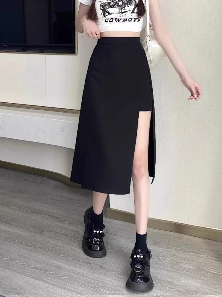 High Waist Hip Skirt Irregular Slit Black Skirt for Women Summer Mid-length A-line Harajuku Vintage Women Clothing 250224