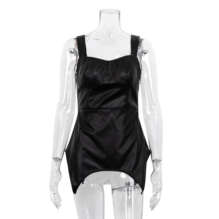 New2 Fengins New Outerwear Small Design Sense Solid Color PU Leather Strap Bra Top Fashion Street