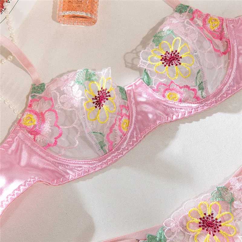 Sexy bra set pink floral embroidery lingerie romantic lingerie fairy seamless ultra-thin lingerie sexy exotic suitXJ250301