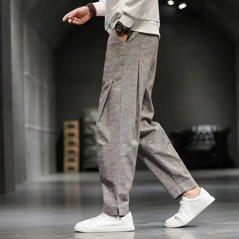 Trendy Fashion Spring Autumn Mens Solid Pocket Elastic Waist Drawstring Casual Loose Cotton Hemp Wide Leg Trousers 250225