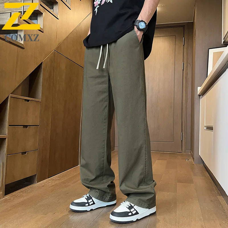 Mens Sports Pants Spring Autumn Casual Loose Khaki Drawstring Stretch Trousers Hip Hop Street Clothing Y2K Straight Leg Pants 250225
