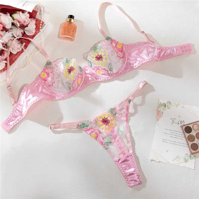 Sexy bra set pink floral embroidery lingerie romantic lingerie fairy seamless ultra-thin lingerie sexy exotic suitXJ250301