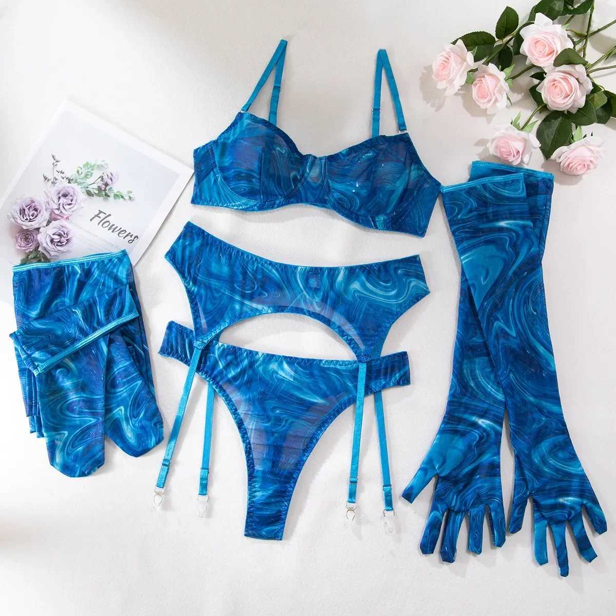 Sexy Perspective Breast Gather Printed Lingerie Set with Gloves Leg Set for Womens Five Piece Set Female Fun Bra Brief SetsXJ250301
