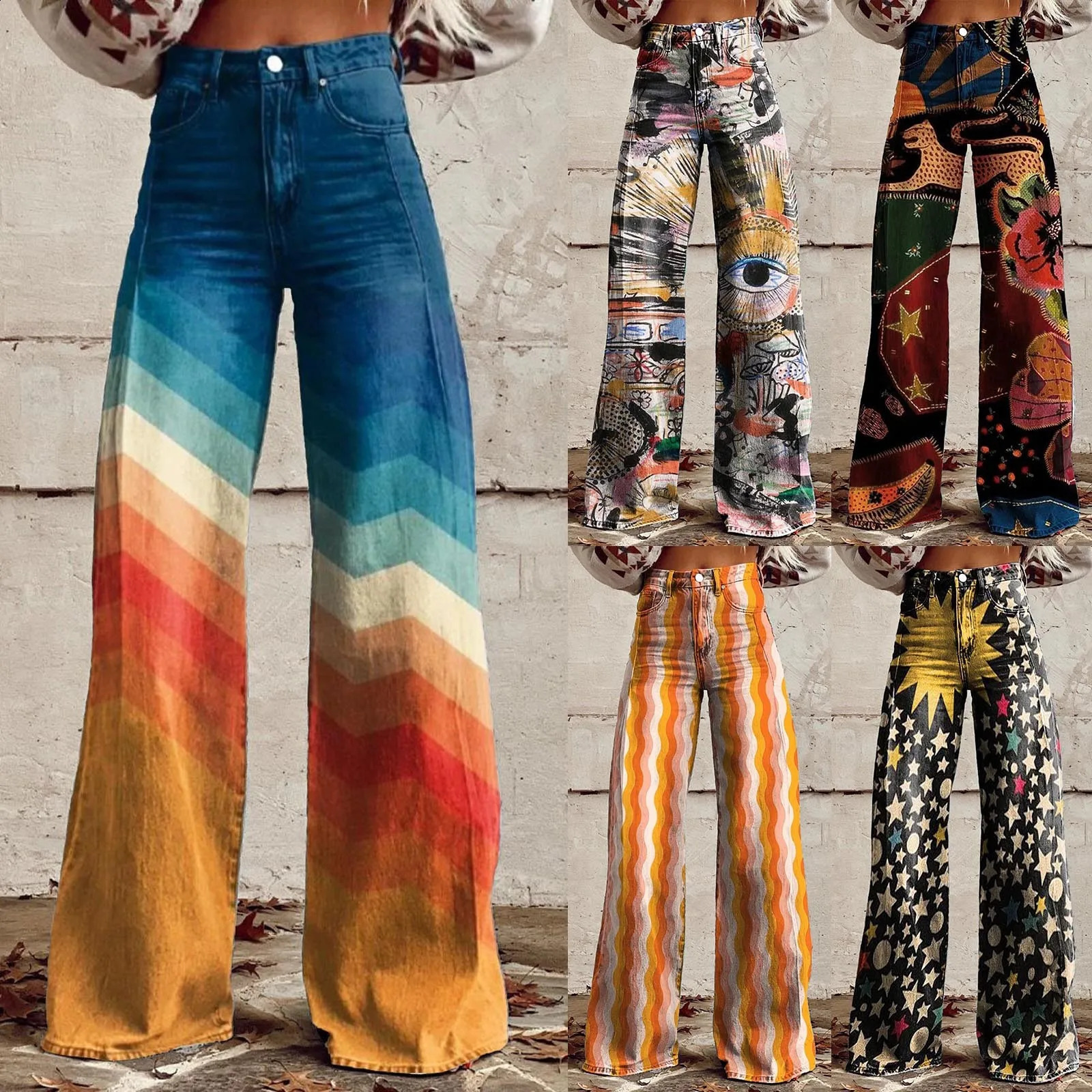 Vintage Fashion High Waisted Wide Leg Jeans Casual 90s Floral Printed Denim Pants Women Loose Fit Pockets Baggy Trousers 250228