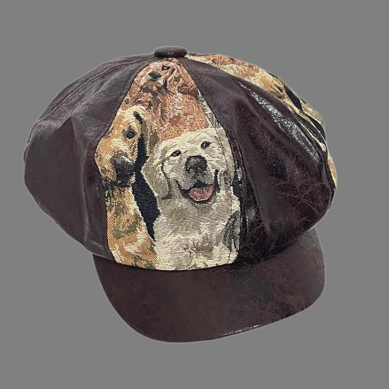 Japanese Y2K Big Head PU Cat and Dog Pattern Cloud Hat Spring and Autumn Coral Retro Splicing Mens and Womens Octagonal Hats 250226