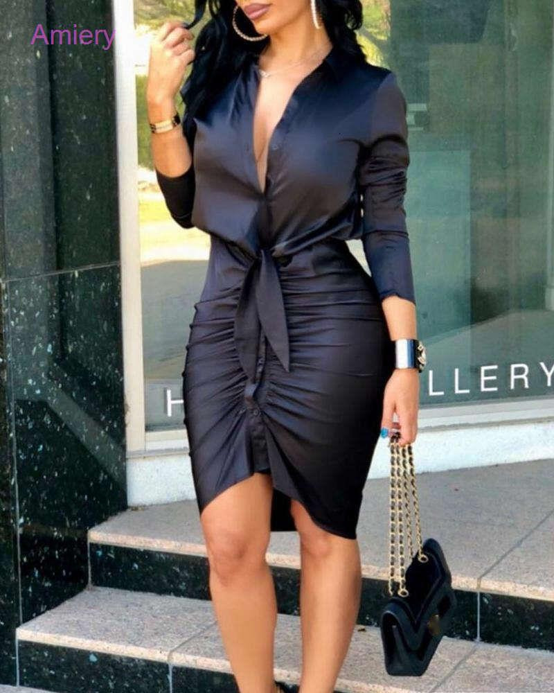 2025 Summer Womens Designer Clothing Dress V-neck Lace Up Solid Long Sleeve Medium Length Shirt Dresses For Woman Robe Sexy Outfits