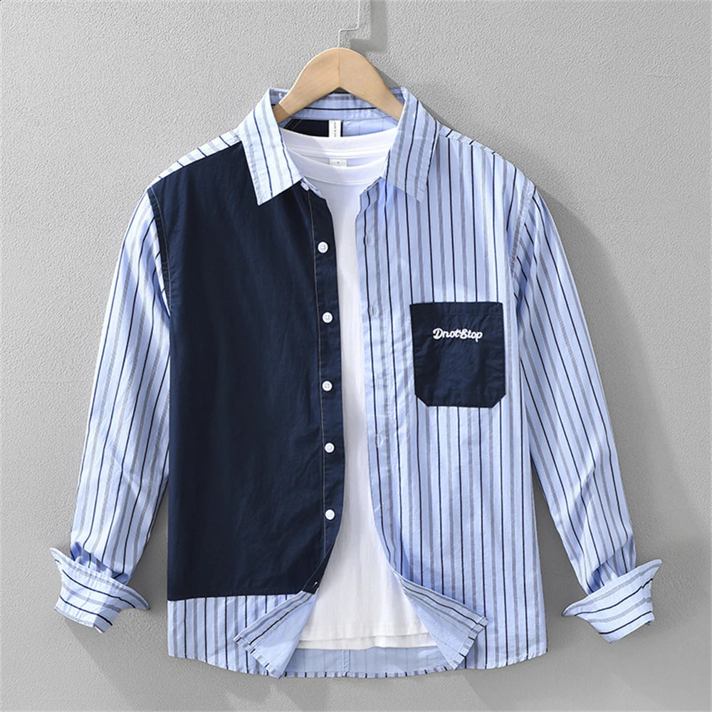mens shirt long sleeve splicing stripe Casual shirts Spring mens clothing tops Pure cotton clothes for man daily wear 250225