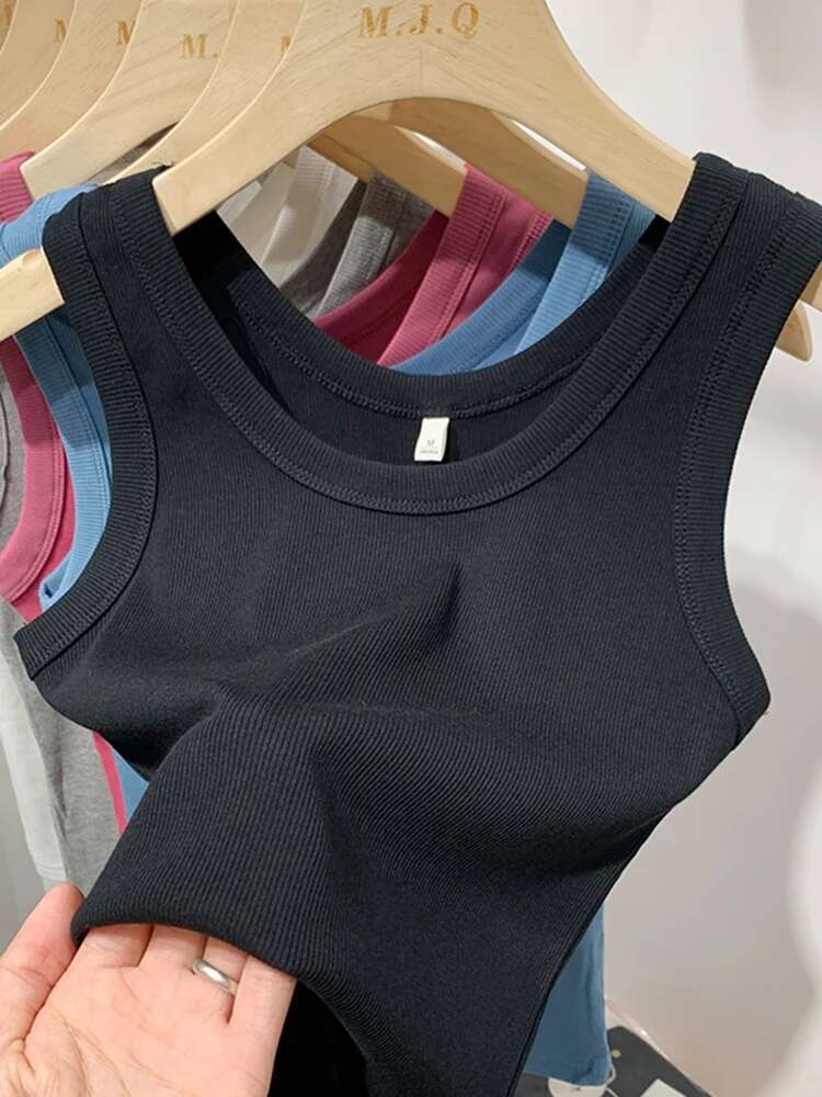 Summer Women Sleeveless Tank Tops Fashion Crop Top O-neck Fiess Knitted Ribbed Vest Female Solid Camis Cropped Streetwear
