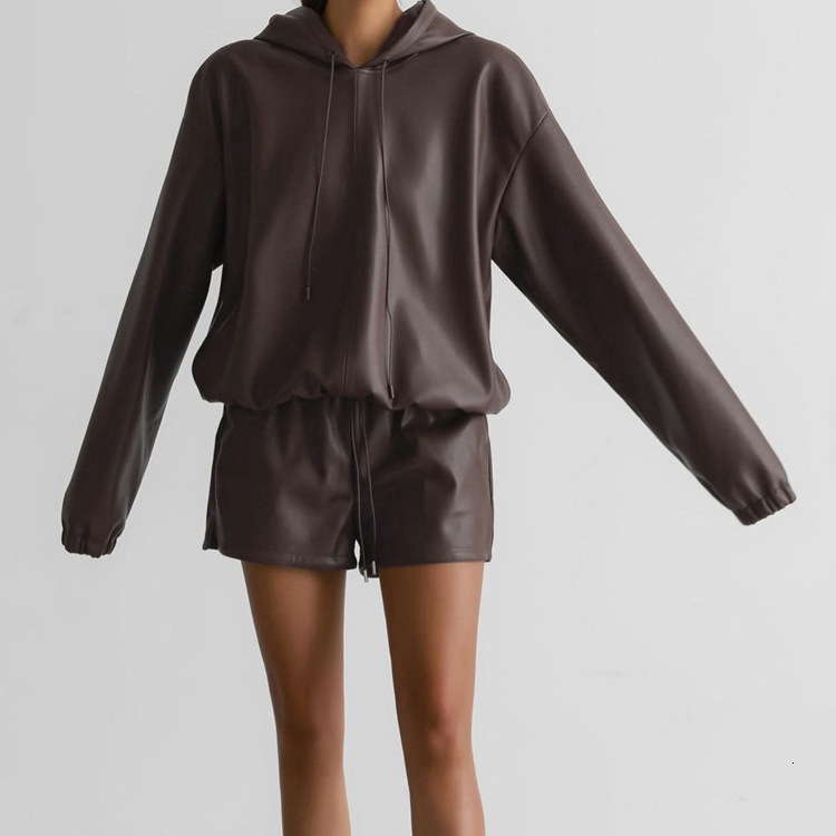 New4 Spring New Fashion Hooded Leather Sweater Shorts Trendy Street Women's Two Piece Set