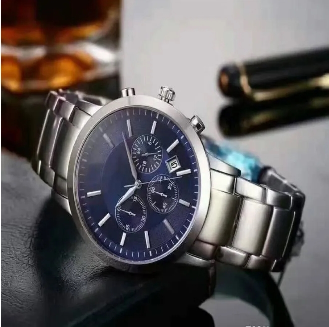 Hot Selling Top Factory New AR2434 AR2448 AR2453 AR2458 Chronograph Watch Classic Mens Wristwatch Stainless Steel Men Clock With Original Box Gifts