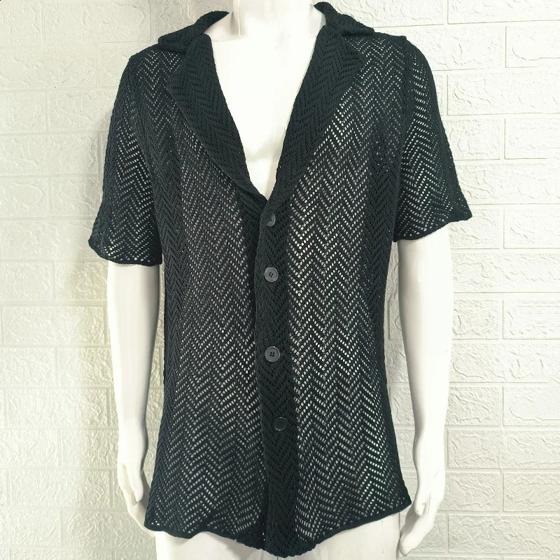 Summer hollow knitted ultra-thin polo neck short sleeved top for casual mens wear Y2K item 250224