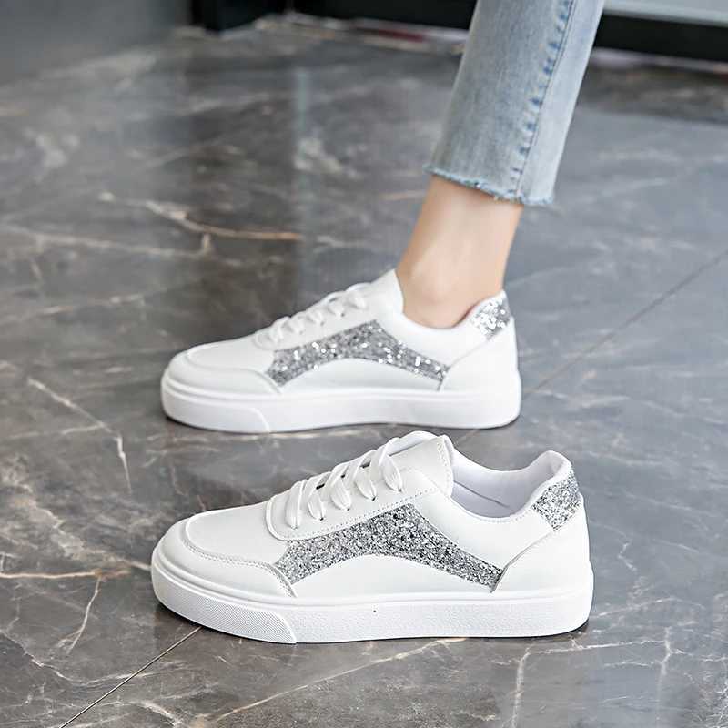 Womens casual sports shoes with sequin decoration for autumn 2025 new market outdoor lace casual vulcanized shoesXJ250301