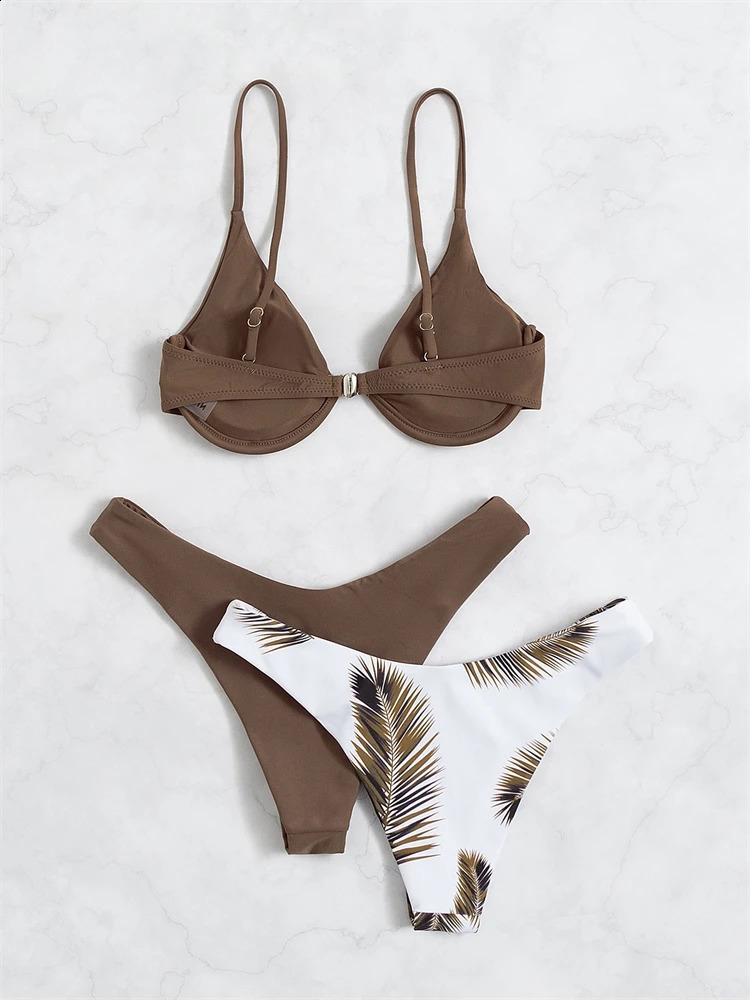 Bikini Women Swimsuit 2024 Solid Print Sling Set Sexy Thong Swimwear Summer 3 Piece Beach Wear Bathing Suit Female 250227