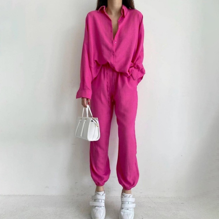 INS Style New2 New Casual Solid Polo Collar Long Sleeve Shirt Top Harlan Pants Two Piece Set