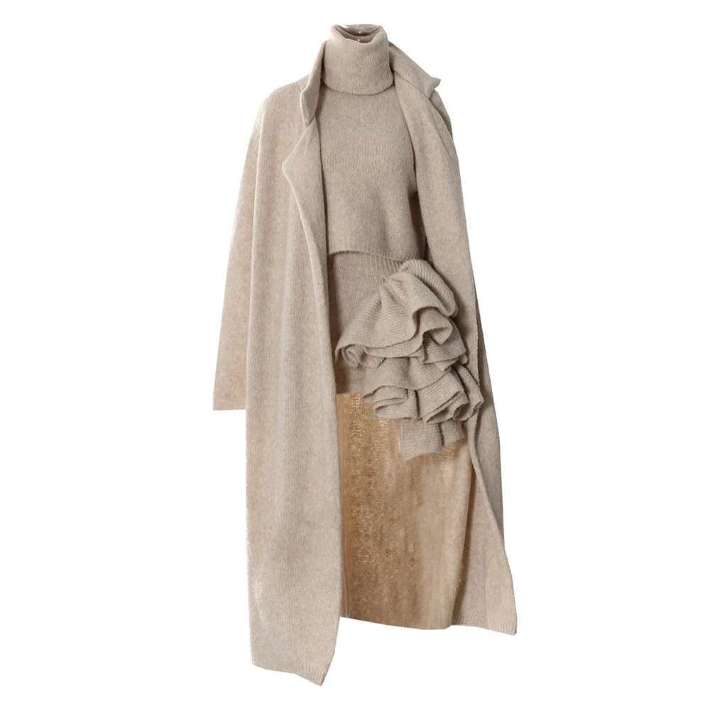 TWOTWINSTYLE Three Piece Set For Women Lapel Long Sleeve Coat Neck Vest High Waist Spliced Appliques Skirt Chic Sets Female