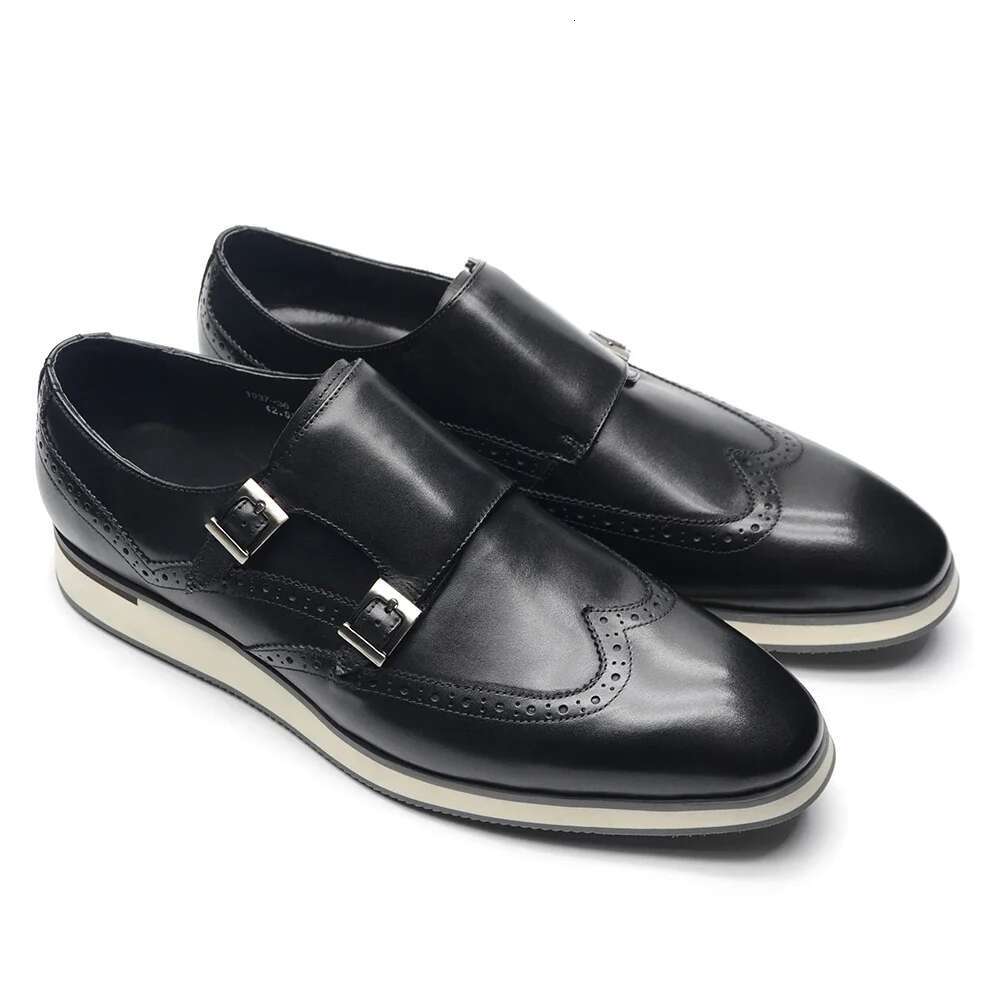 European Men Sneakers Genuine Cow Leather Monk Strap Basic Double Buckles Wingtip Brogue Casual Office Party Mens Shoes