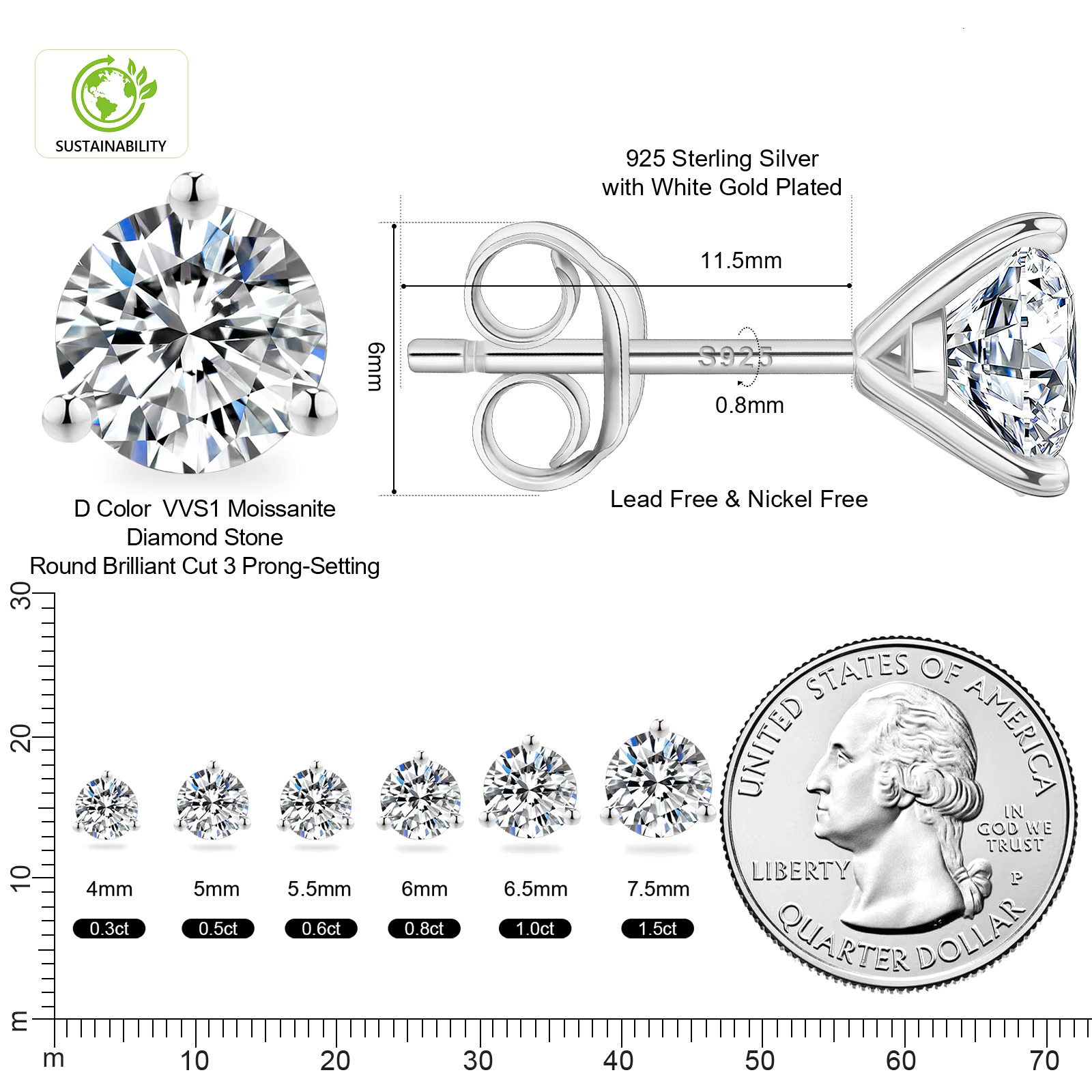 Sparkly VVS Moissanite Studs 14K White Gold Jewelry Christmas Gifts Sterg Sier Lab Created Dia Earrings for Women