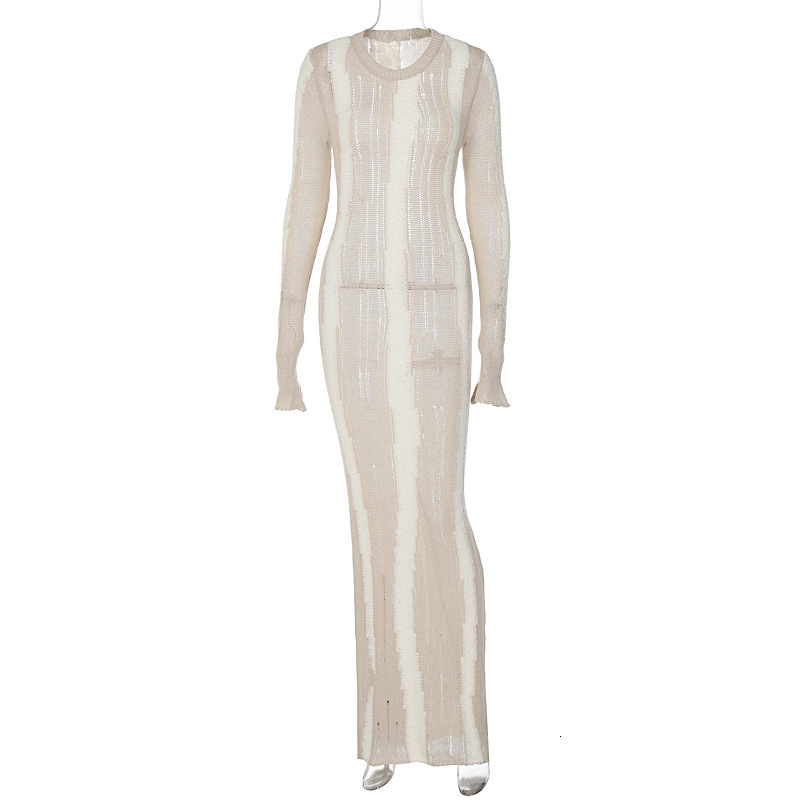 Women's 2023 Autumn/Winter New Fashion and Sexy Wool Weaving Hole Slim Fit Long Sleeve Dress