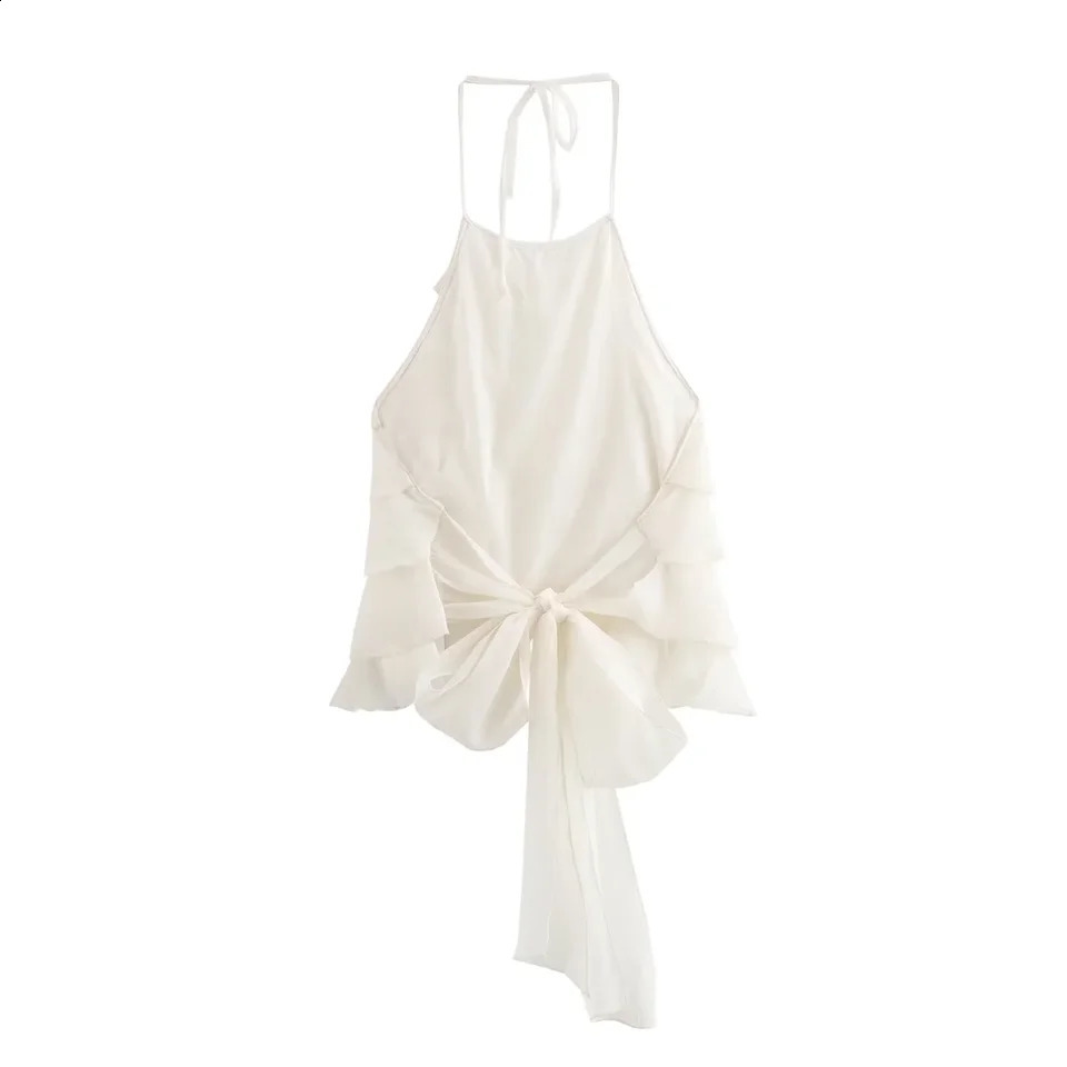 TRAF Halter Collar Tops Woman 2024 Sweet Lace Up Sleeveless Backless Bow Layered Decoration Off the Shoulders Sling 250226
