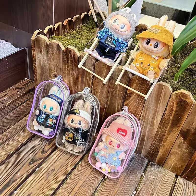 Colorful Transparent Protector Case Organizer Box for 17cm Labubu Plush Dolls Outdoor Display Bag With Keychain Doll Accessories W250301