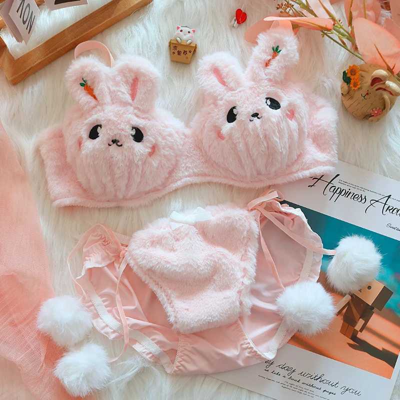 Japanese lolita girls plush lingerie with underpants no steel ring push-up bra set warm lingerie underpants suit rabbit braletteXJ250301