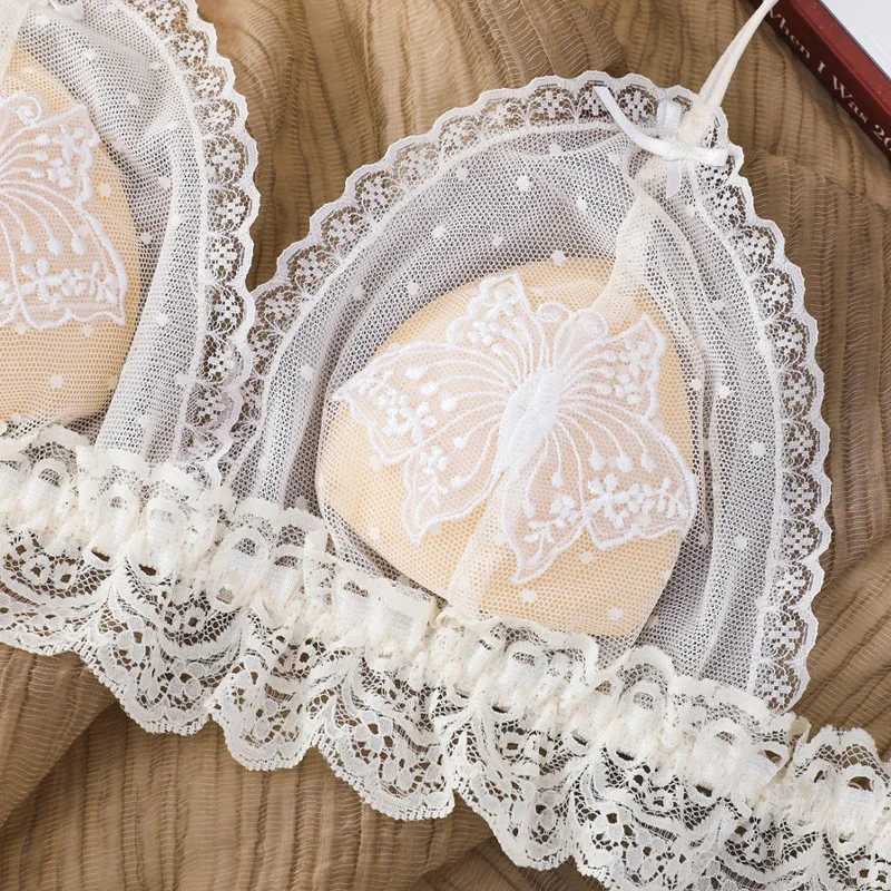 2 Pieces French Ultra Thin Sexy Bra Set Women Bow Lace Flowers Embroidery Underwear Breathable Triangle Cup Lingerie SetXJ250301