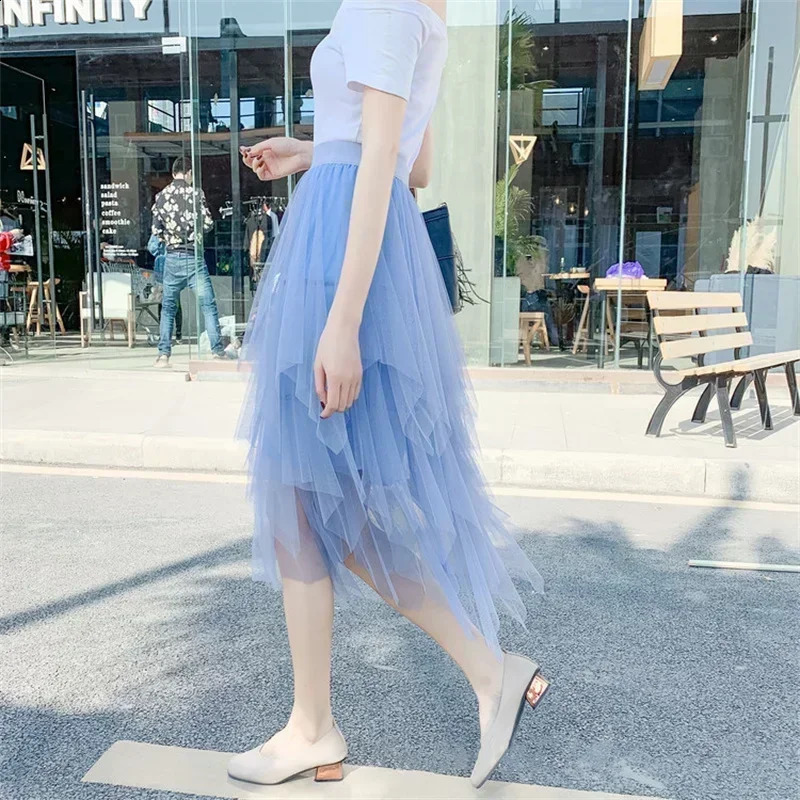 Fashion Summer Tutu Women Skirt Harajuku Tulle Bottom Faldas Casual High Waist Midi Mesh Skirts Woman Clothes Saia Jupe Femme 250224